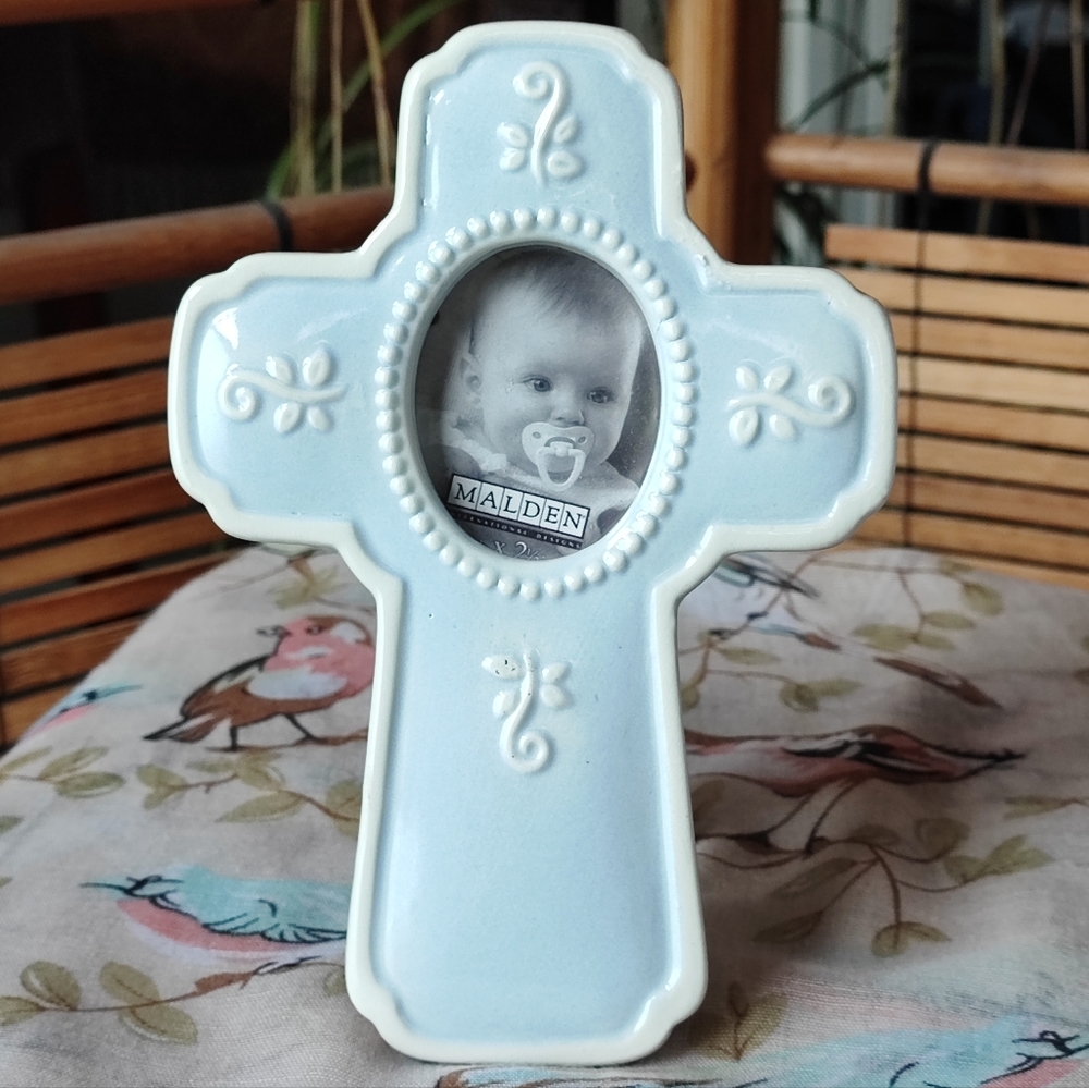 Light Blue Ceramic Christening Picture Frame First Baby Boy Brother Religious